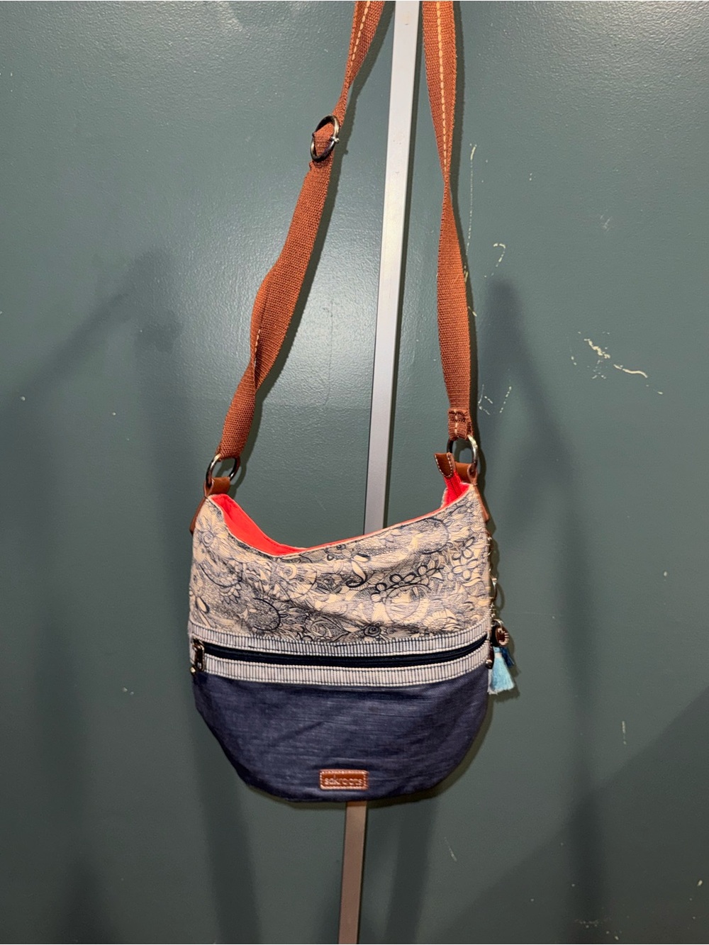 Saksroot Floral Panel Crossbody Bag with Coral Lining and Brown Strap